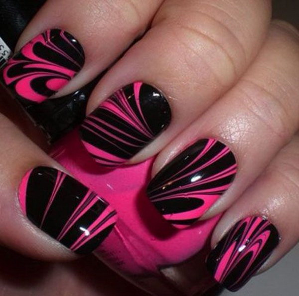 Pink & Black Water Marble Nails. 