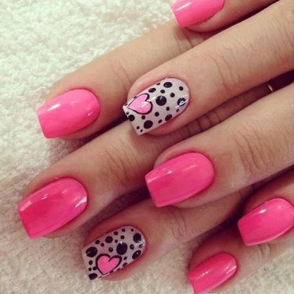 Polka Dot and Heart Themed Pink Nail Art Design.