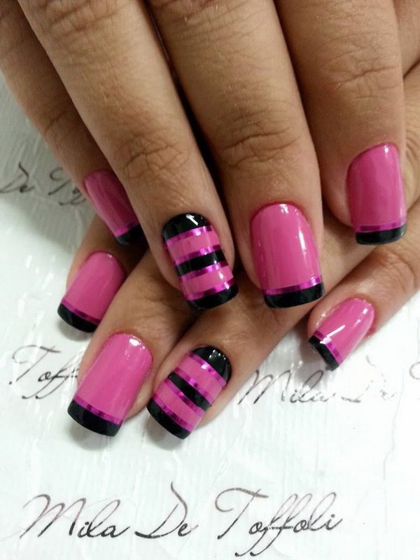 Pink and Black Strips Nail Design.