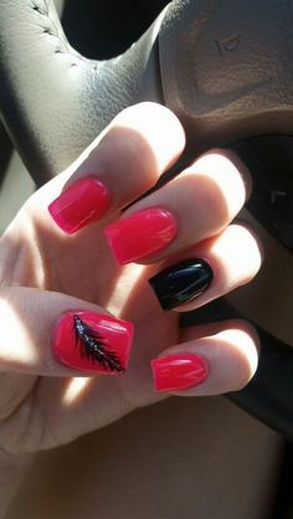 Hot Pink and Black Feather Nails.