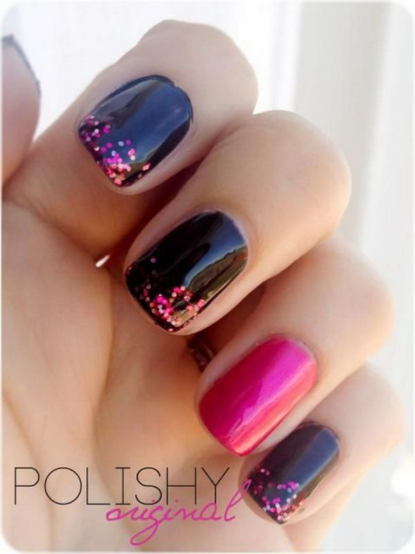 Black, Pink with Glitter Accent Nail. 