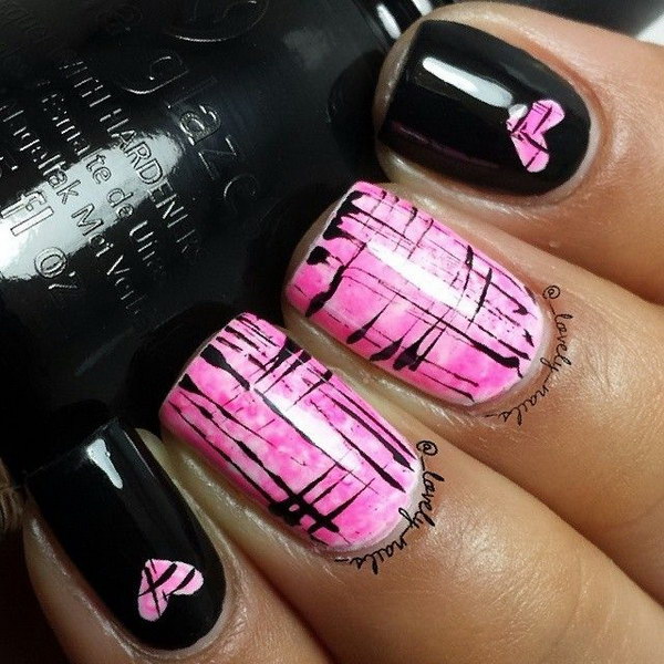 Black and Pink Heart Nails. 