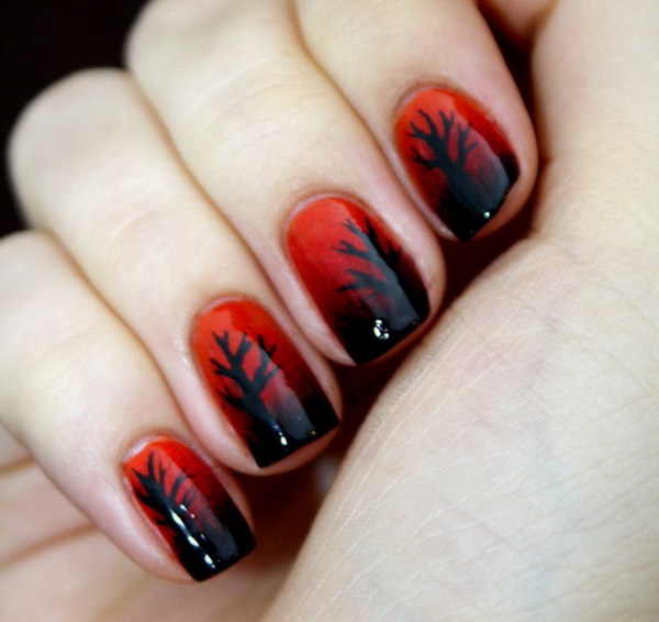 Diseño de uñas Black Trees on Red Base.