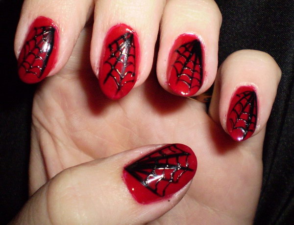 Black Spiderweb on Red Nails.