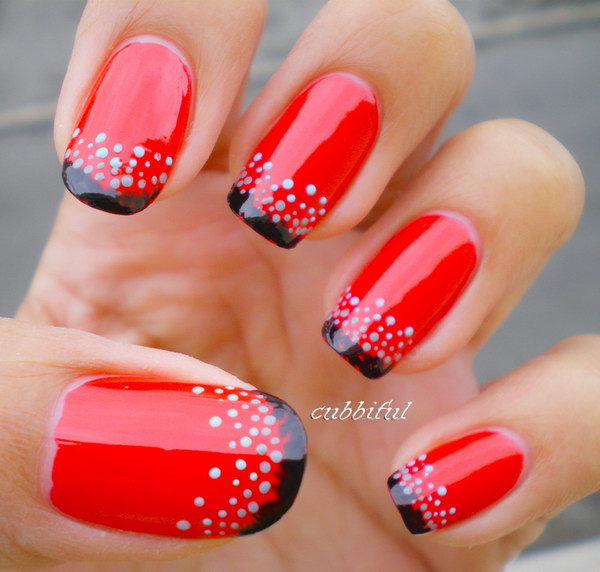 Red and Black Nails with Dots. 