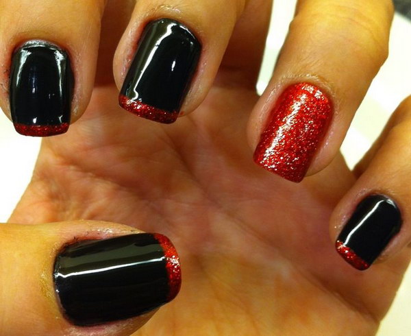 Red and Black French Nails with Glitter.