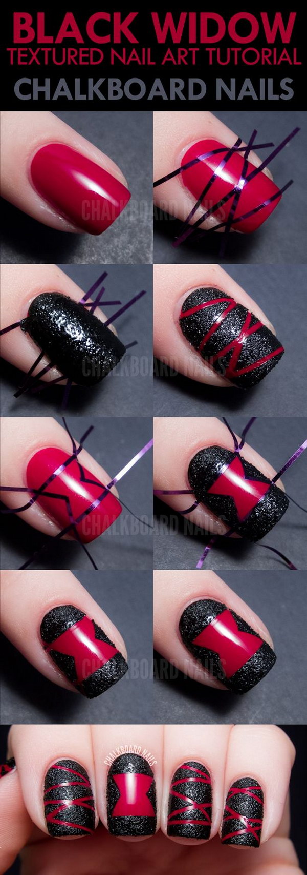 Arte de uñas con textura de araña viuda negra.