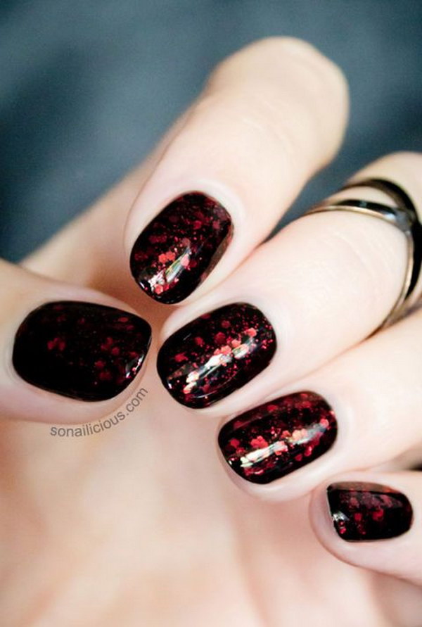 Black Base Nails with Dark Red Glitter. 