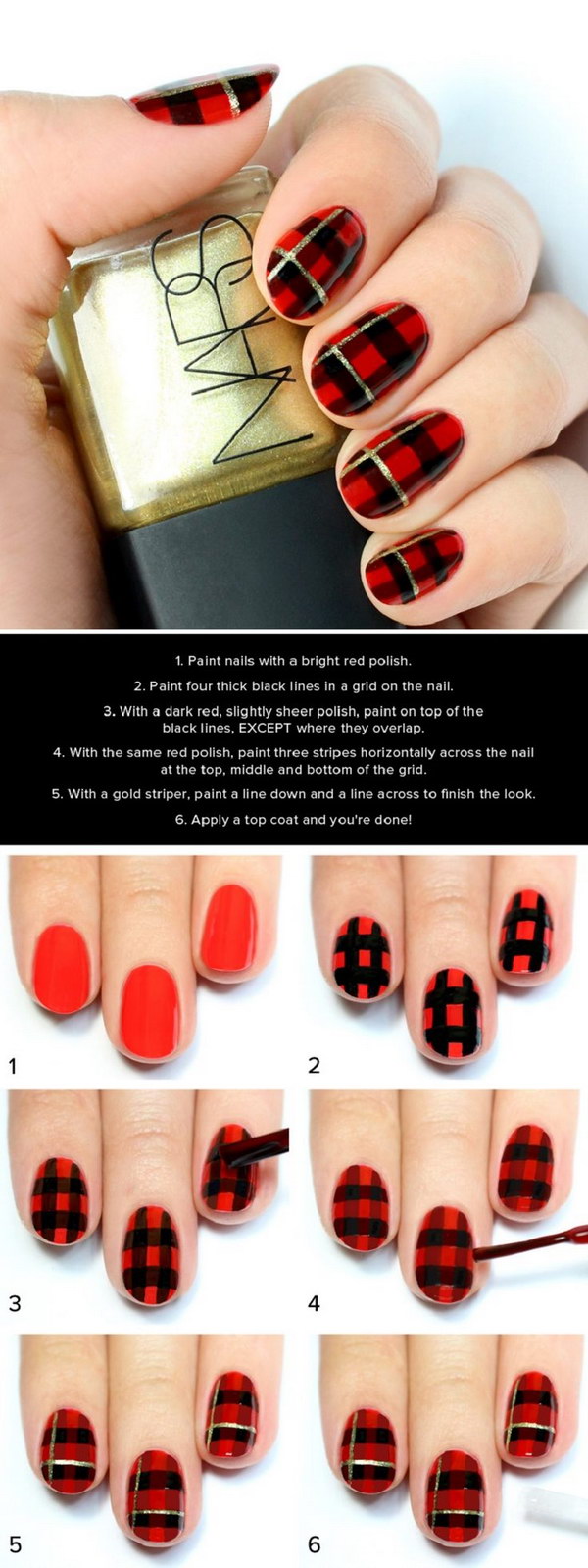 Uñas con estampado de cuadros negros y rojos.