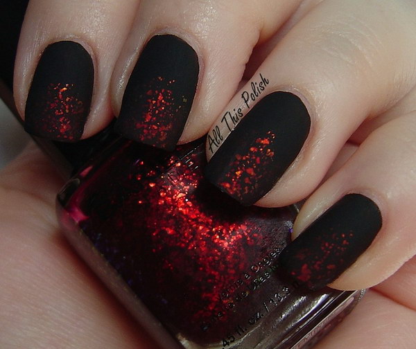 Red Flakes on Matte Balck Base Nails.