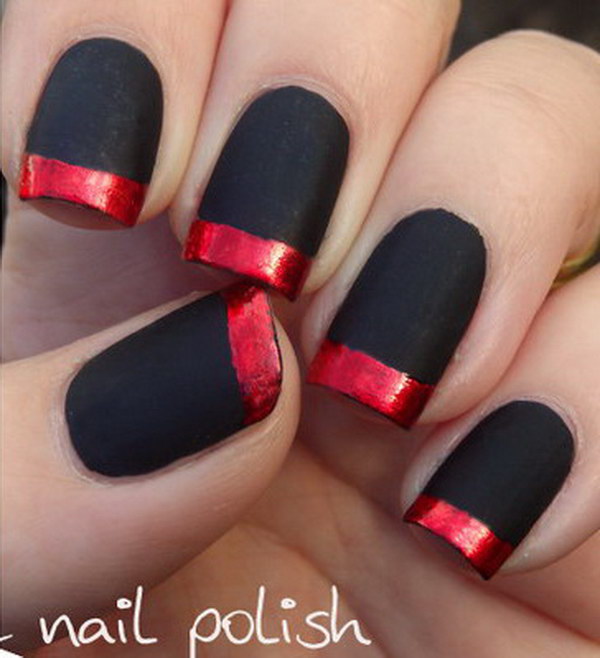 Matte Black with Red Foil Tips Manicure.