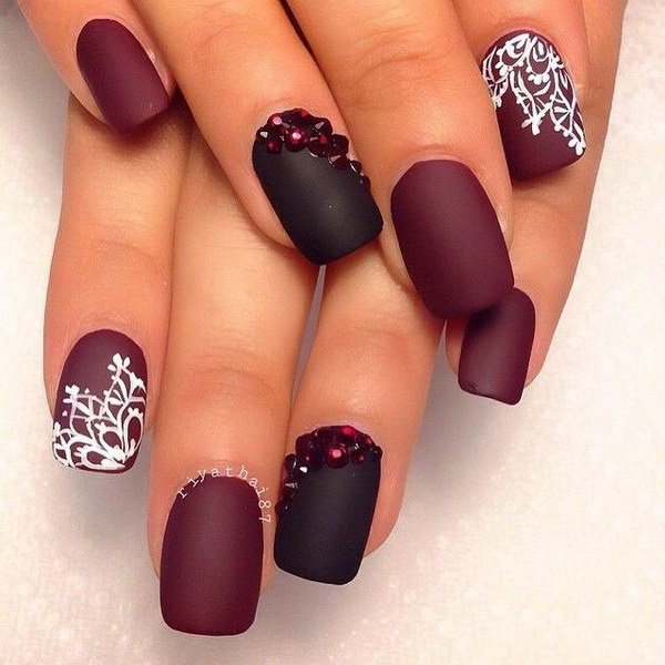 Bloddy Red and Black Nail with White Floral Prints. 