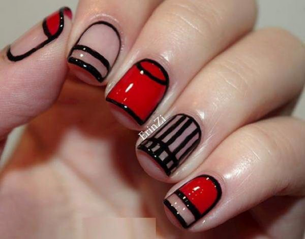 Diseño de uñas con rayas rojas y negras.