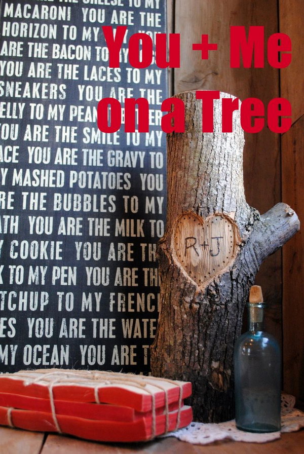 You and Me on a Tree Piece of Wood with Initials Carved in