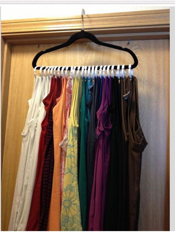 Tank Tops Storage and Organization with Shower Curtains Rings and a Velvet Hanger.