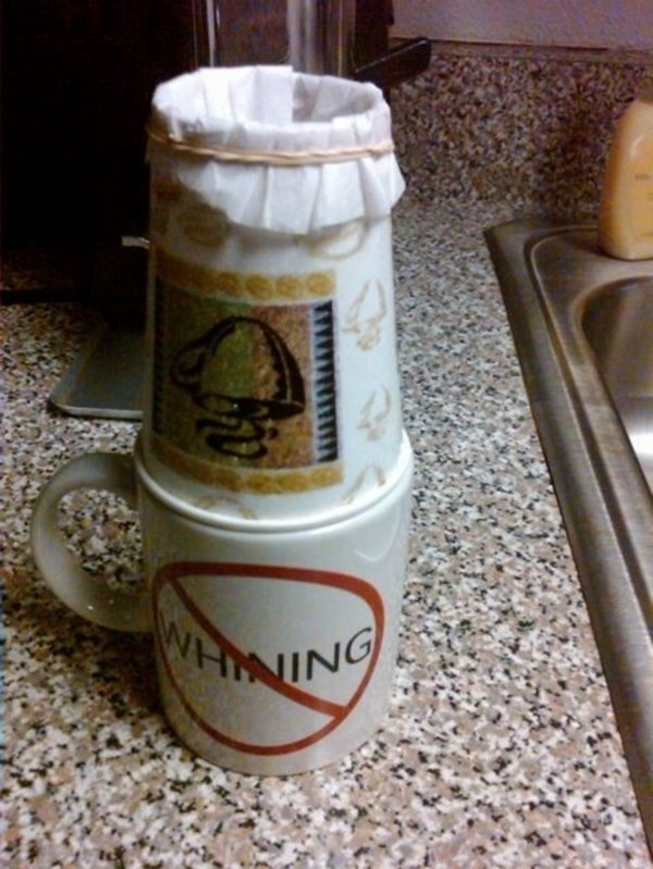 Make a DIY Coffee Maker With  A Mug, A Paper Cup And Filter Paper. This clever college dorm room hack is a perfect thing every coffee lover needs, especially if coffee makers are not allowed in your dorm.