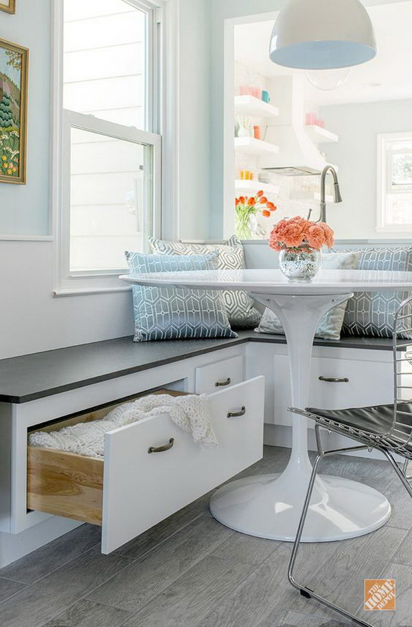 White and Gray Breakfast Nook with Built in Storage.