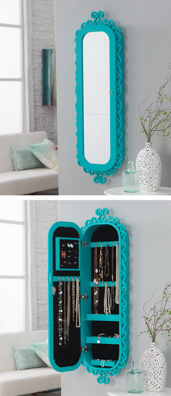 Wall Scroll Locking Mirror with Jewelry Storage. 