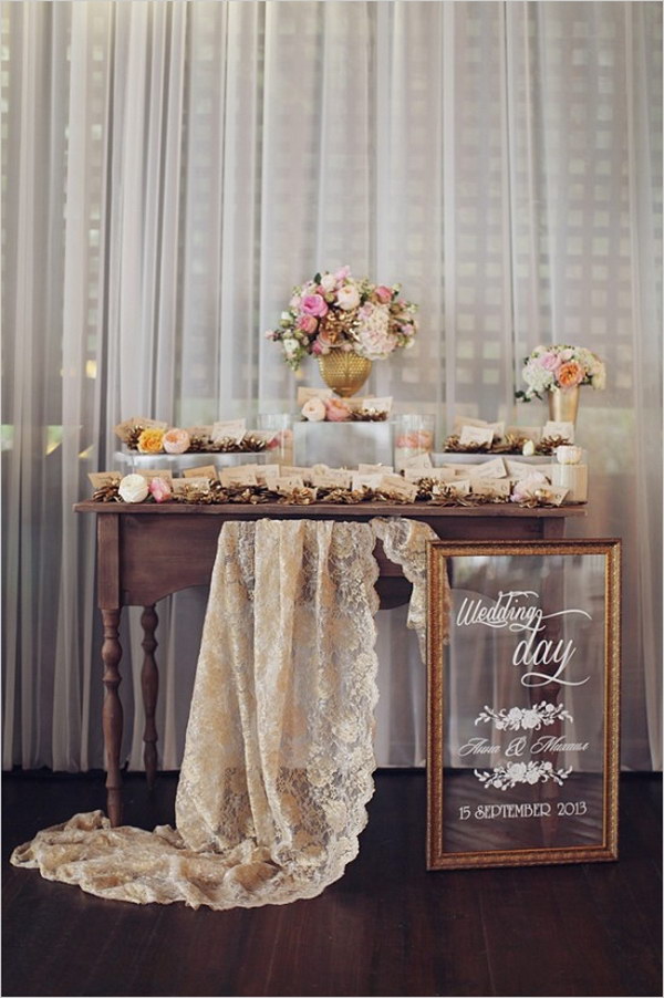 Rustic Chic Escort Card Table with Gold Succulent Escort Card Holders 