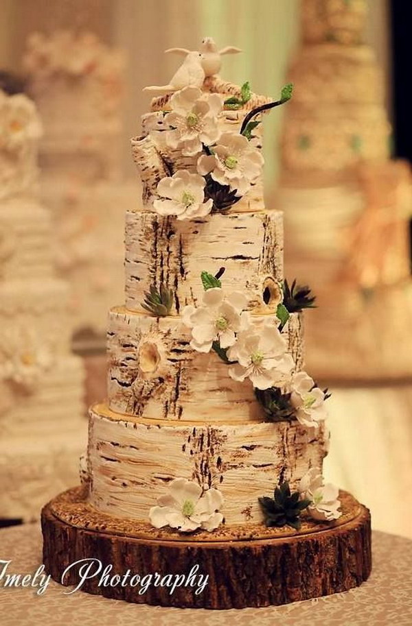 Birch Tree Wedding Cake with Blossom Magnolias 