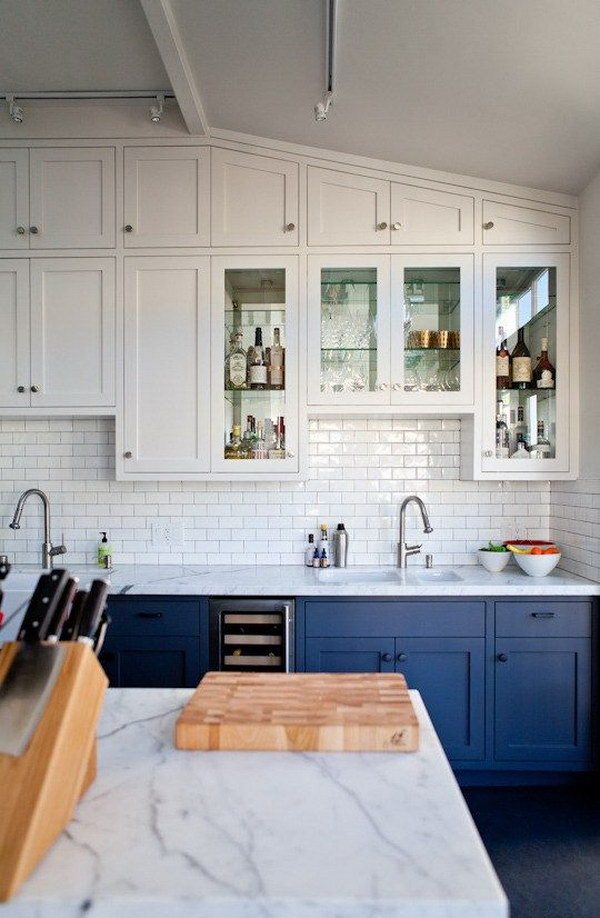 Navy and White Kitchen Cabinets.