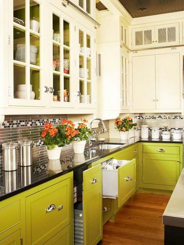 Cream and Green Kitchen Cabinets.