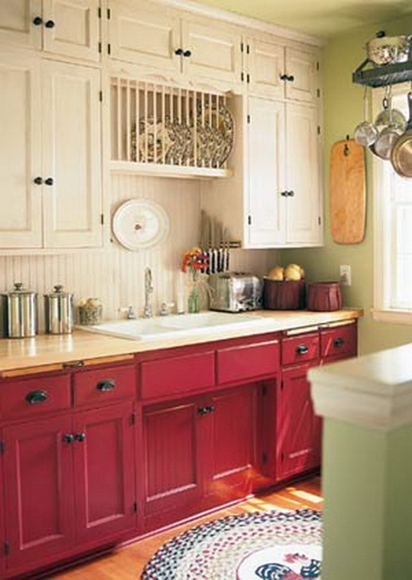 Cranberry colored and Cream Kitchen Cabinets.