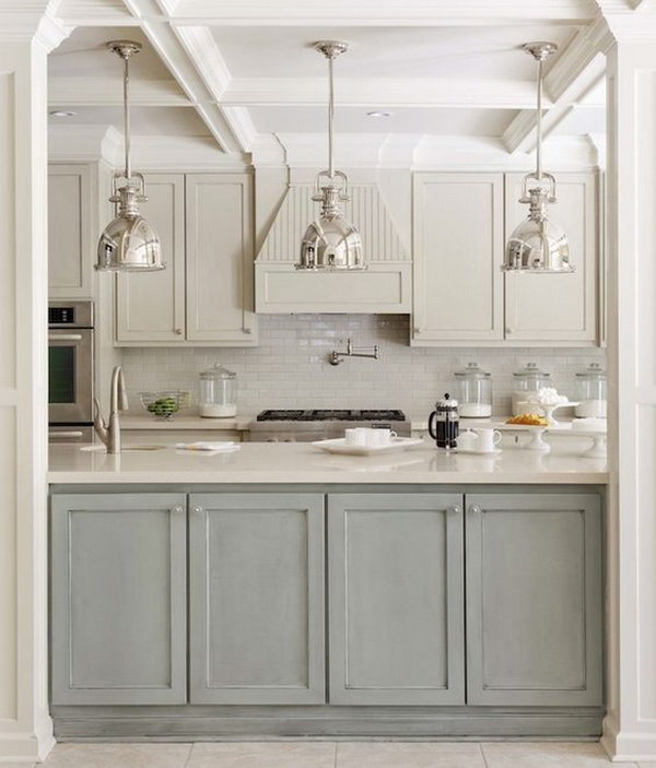 Two tone Kitchen Design with Gray green and Light Gray Cabinets and Island.