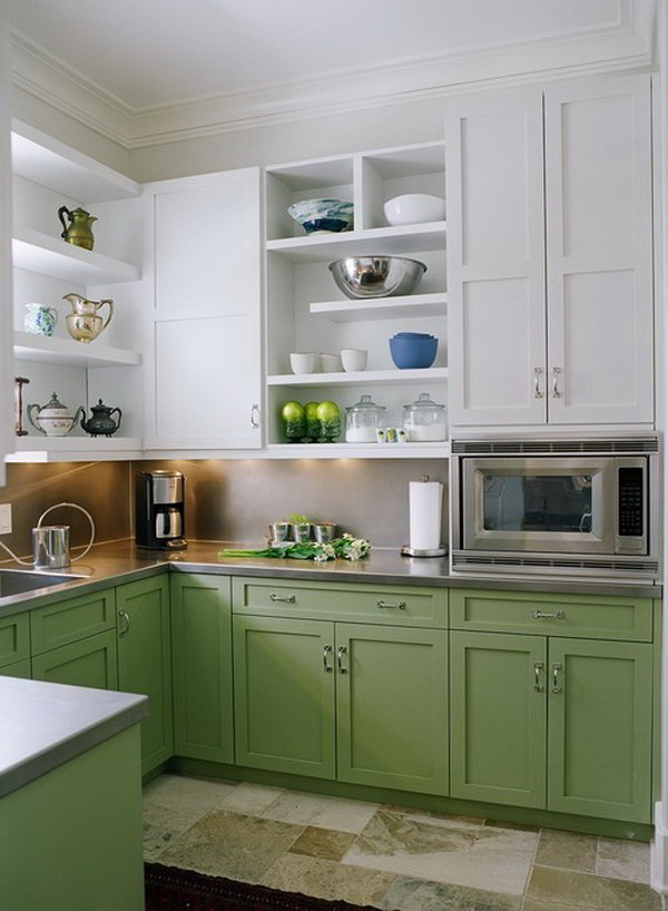 Soft Green and White Kitchen Cabinets.