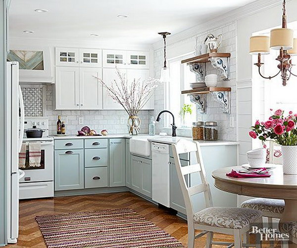 Pastel Blue and Off white Kitchen Cabinets.