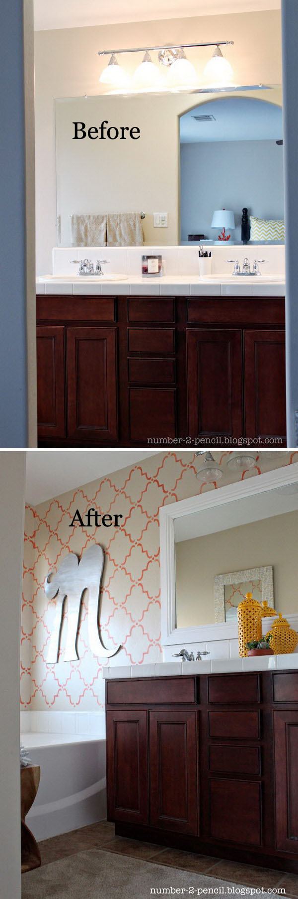 Coral and Yellow Master Bathroom Makeover.