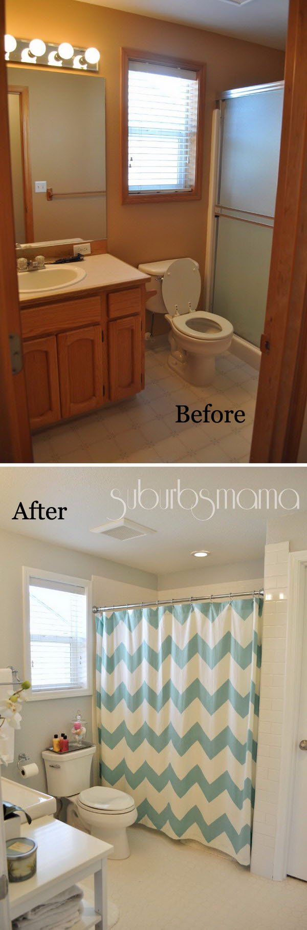 From Brown To White Color Tiny Bathroom Remodel.
