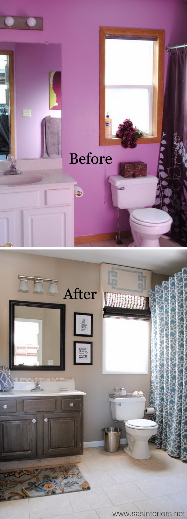 From Horrid Purple To Heavenly Gray and Beige Master Bathroom Makeover.