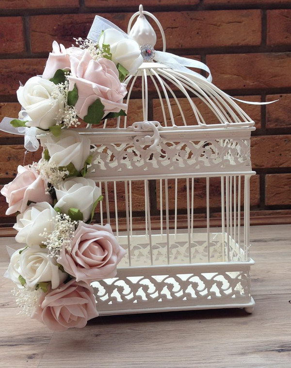 Vintage Shabby Chic Dusky Pink Ivory Roses Bird Cage