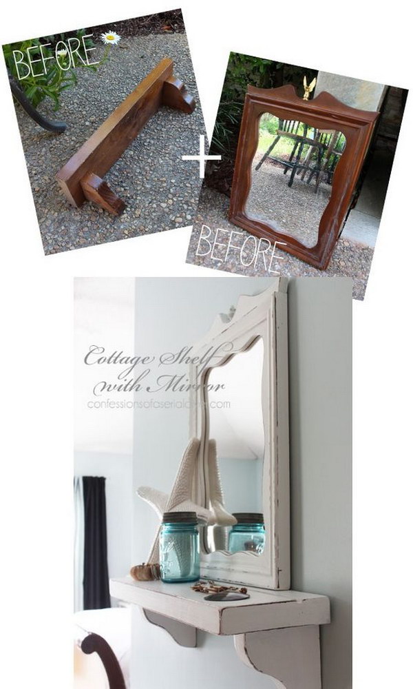 Cottage Inspired Shelf With Mirror From Thrifty Finds.