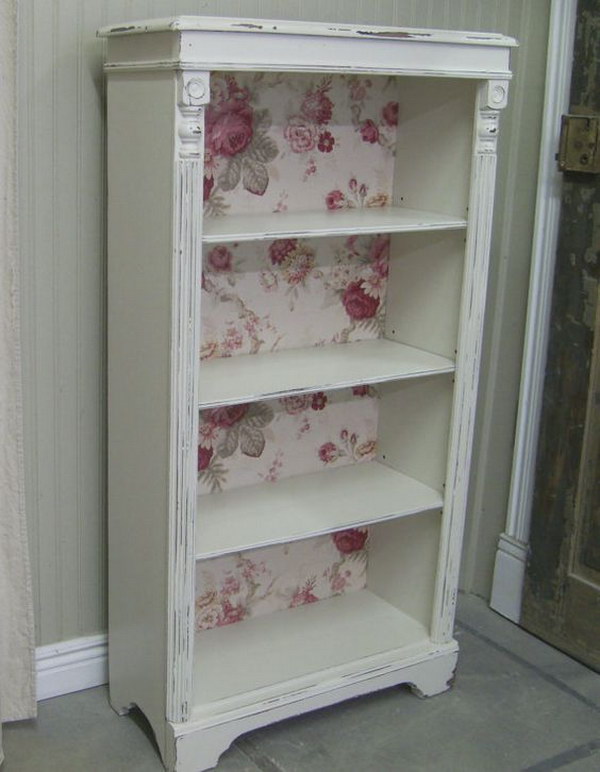 Take A Plain Bookcase And Shabby It With Wallpaper And Details