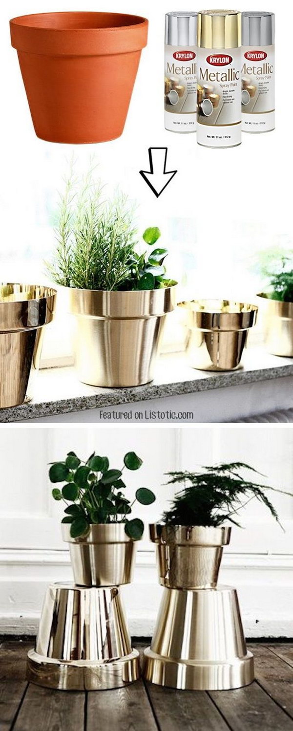 Spray Painted Metallic Flower Pots