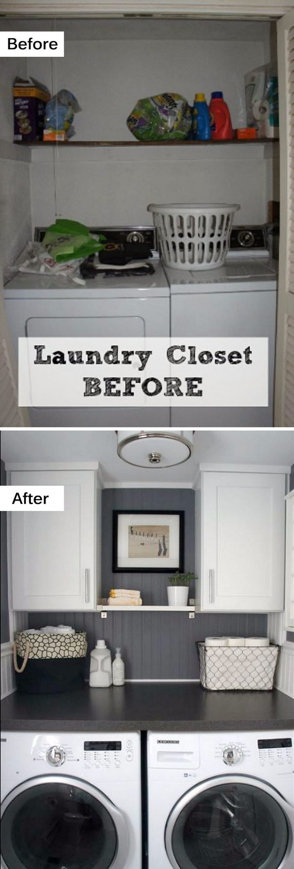 Small Laundry Room Makeover with New Cabinets and a Counter across the Washer and Dryer. 