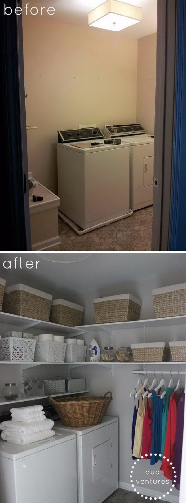 Laundry Room Makeover with Solid White Shelves and the Hanging System for Storage. 