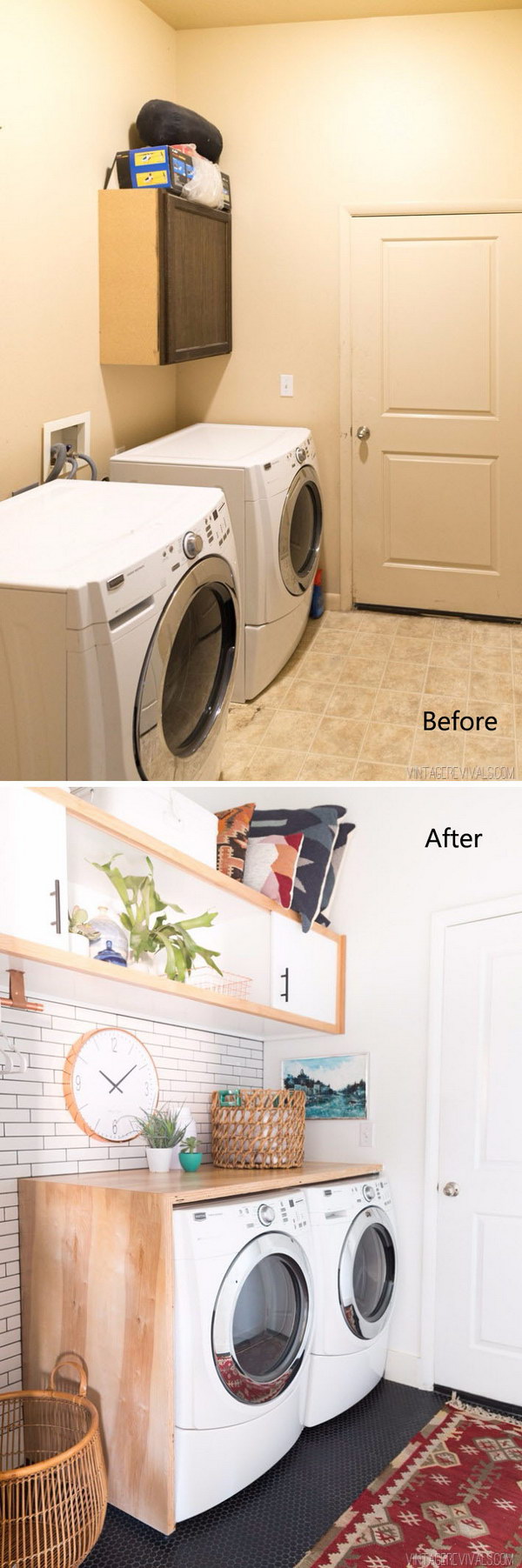 Budget Laundry Room Makeover Reveal with White Subway Tile, Black Penny Tile Floors and Wall Cabinet. 