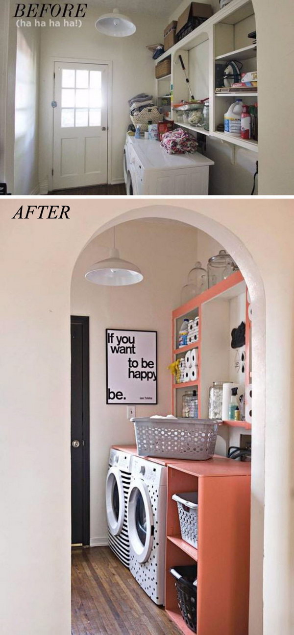 Laundry Room Makeover by Adding A Wrap around Shelving Unit. 