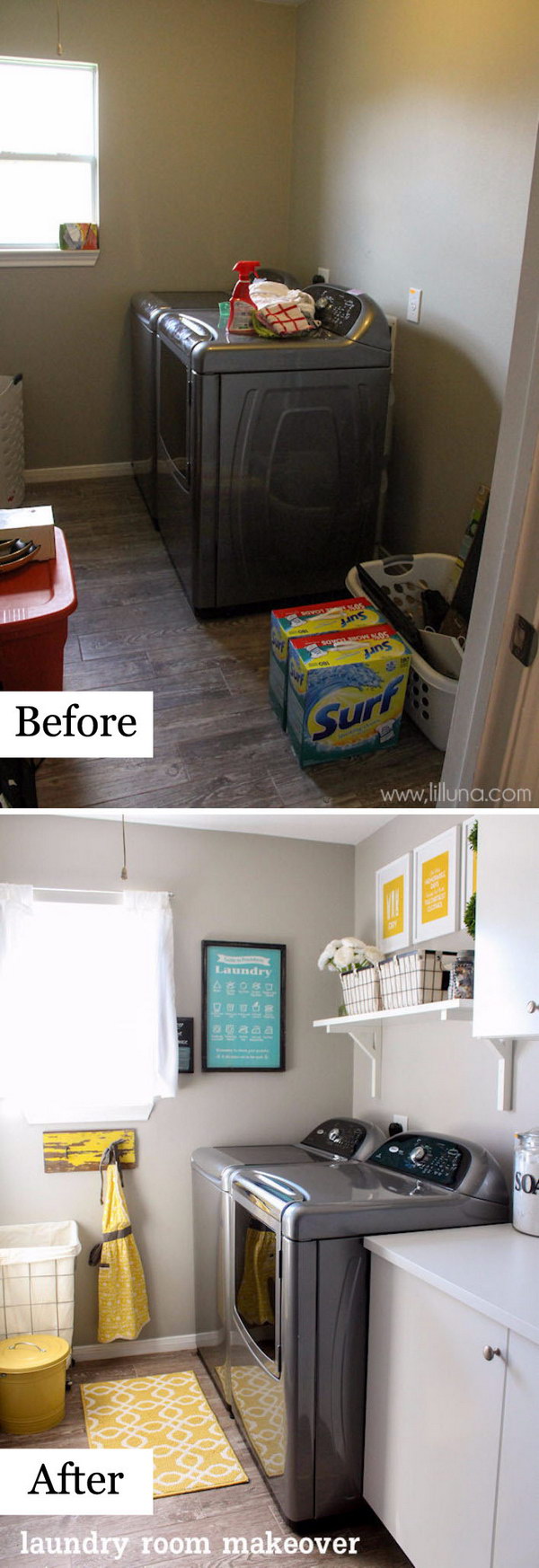 Laundry Room Reveal With a Brighter Wall Paint, Cheery Hints of Yellow, and a Handy Wall mounted Shelf. 