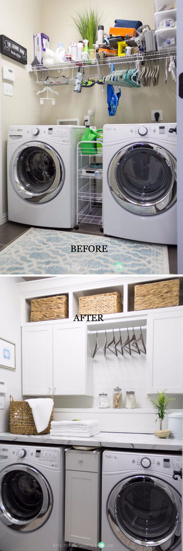 Laundry Room Reveal with Hangers between the Upper Cabinets. 