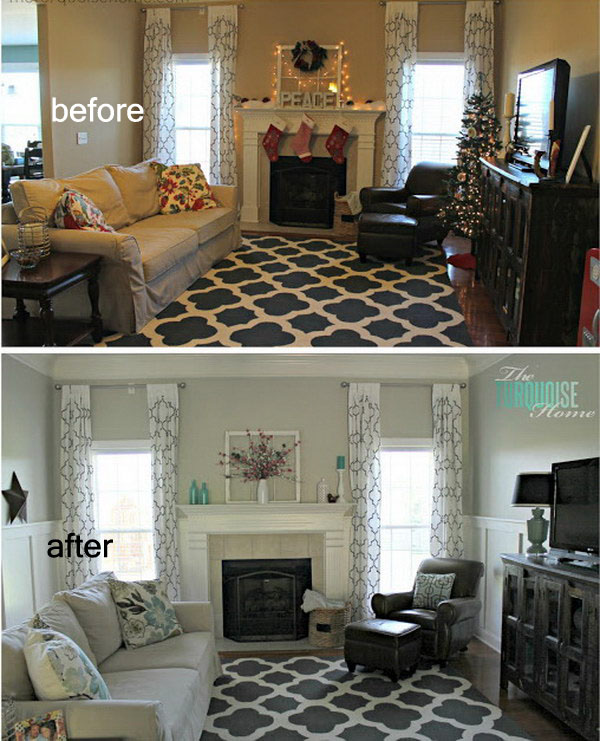 Living Room Makeover with Board and Batten Wainscoting.