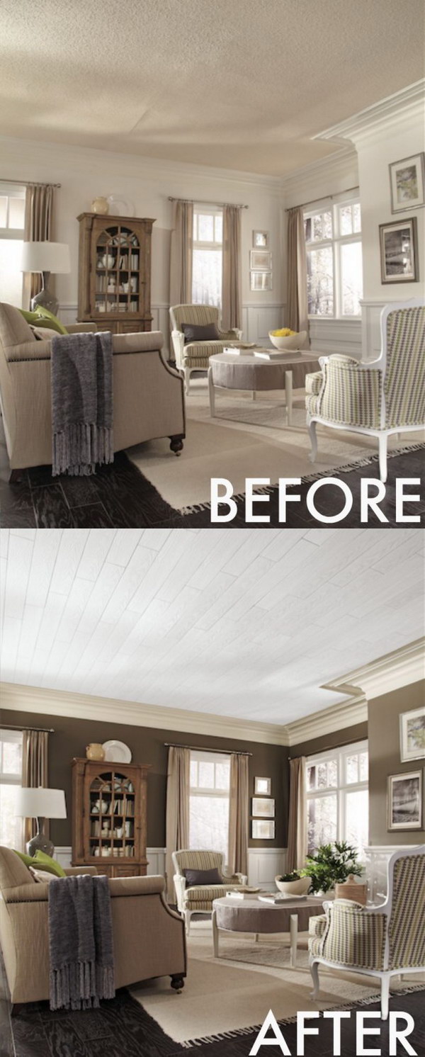 Living Room Make Over By Adding Chocolate Walls and Armstrong Plank Ceilings.