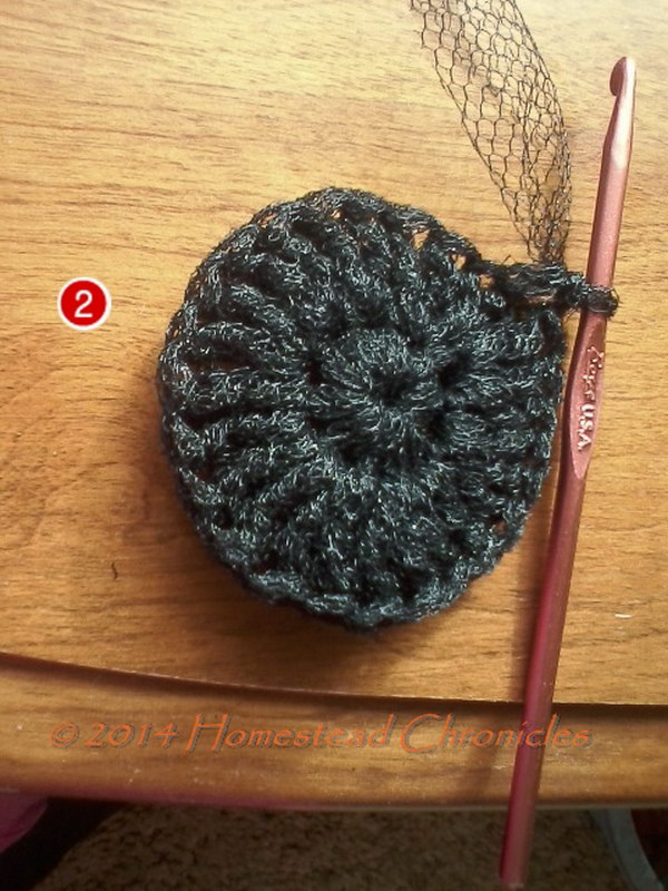 Crocheted Dish Scrubbie Made Out of Net Fabric.