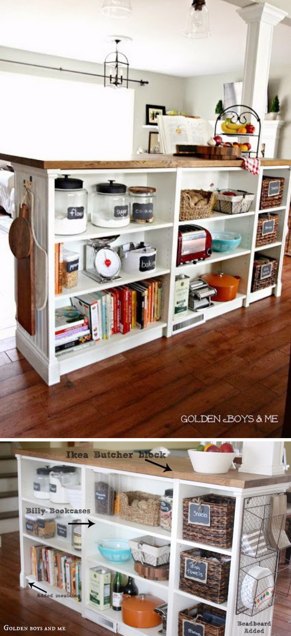 IKEA Hack Billy Bookshelves Kitchen Island Storage with Butcher Block.
