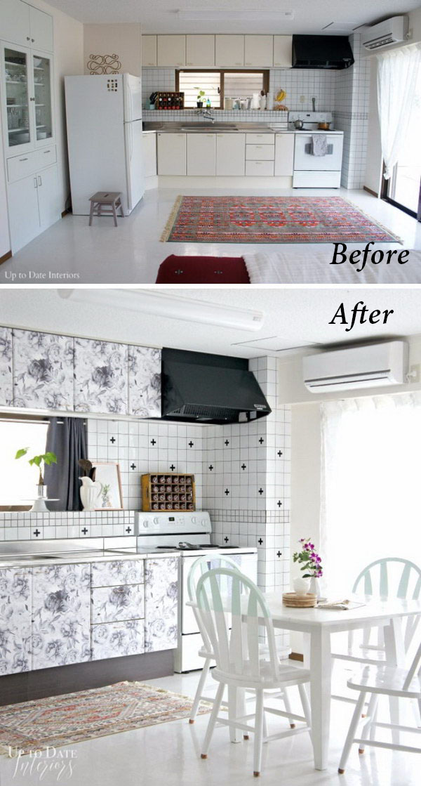 Make Your Kitchen Unique and Stylish with Mini Swiss Cross Decal, Floral Wallpaper and Spray Painted Gold Pulls.
