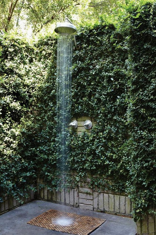 Outdoor Shower with Green Plant Fence.