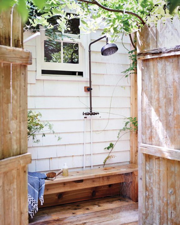 Vintage and Cozy Outdoor Shower with a Bench.